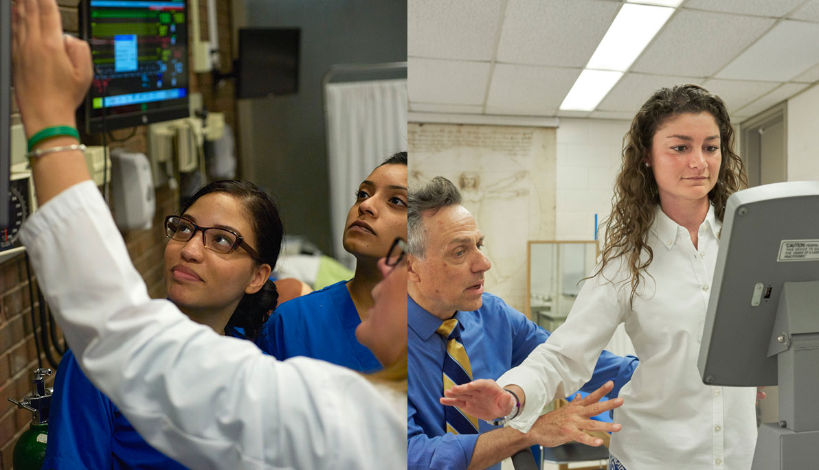 Professor works with students in the nursing simulation lab. Professor teaches a student in the Neurological Rehabilitation lab.