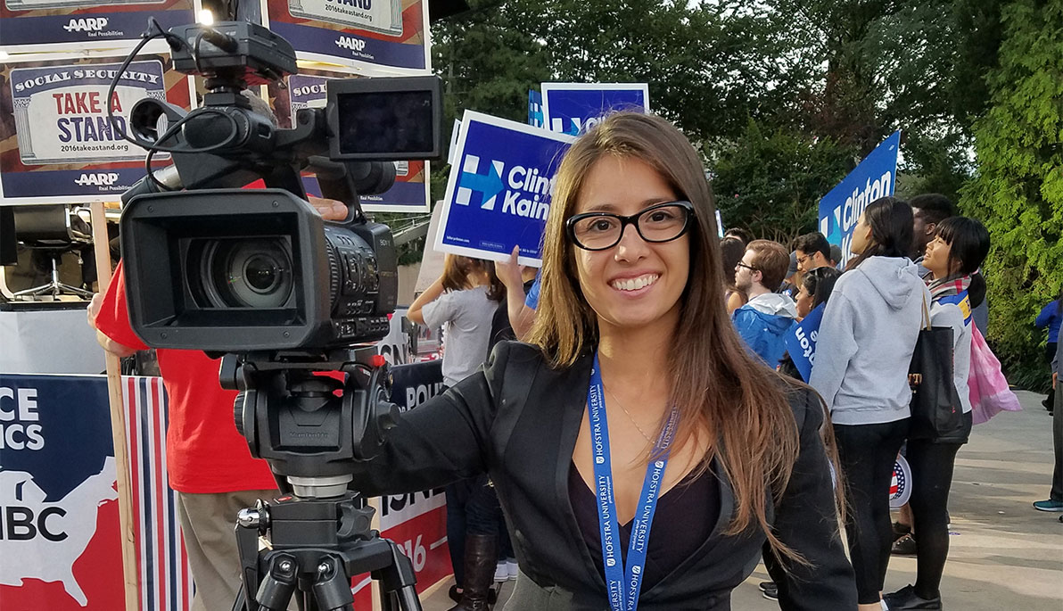 NYIT student Maylan Studart at the September 26 presidential debate.