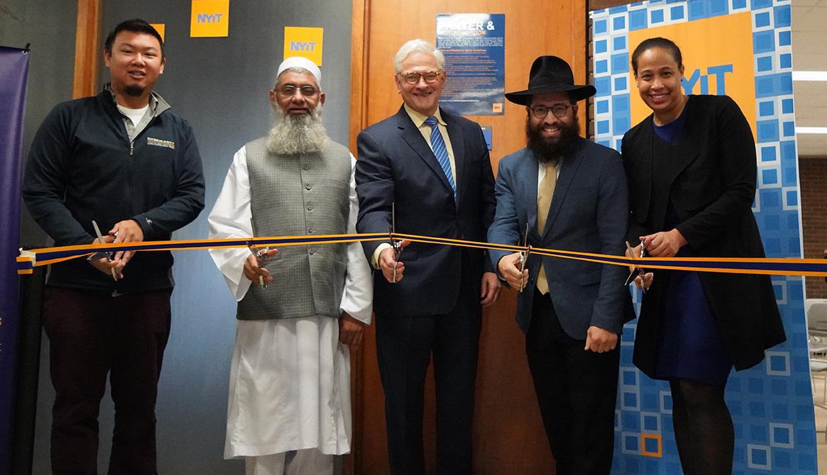 Boaz Tingson, Nadeem Qureshi, NYIT President Hank Foley, Rabbi Yaakov Wilansky, Gabrielle St. Léger