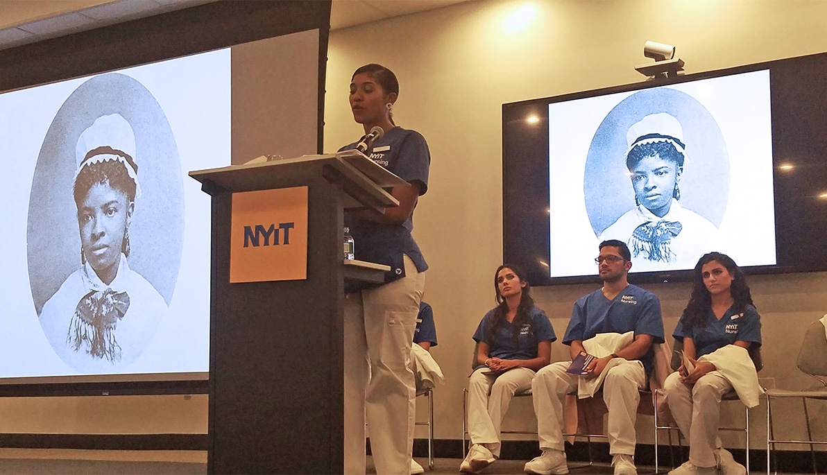 NYIT nursing student Sharonda Hull at the podium.