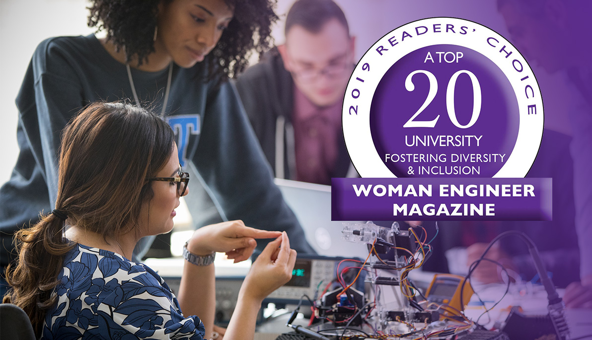 New York Tech engineering students and Woman Engineer magazine rankings logo. New York Tech engineering students and Woman Engineer magazine rankings logo.