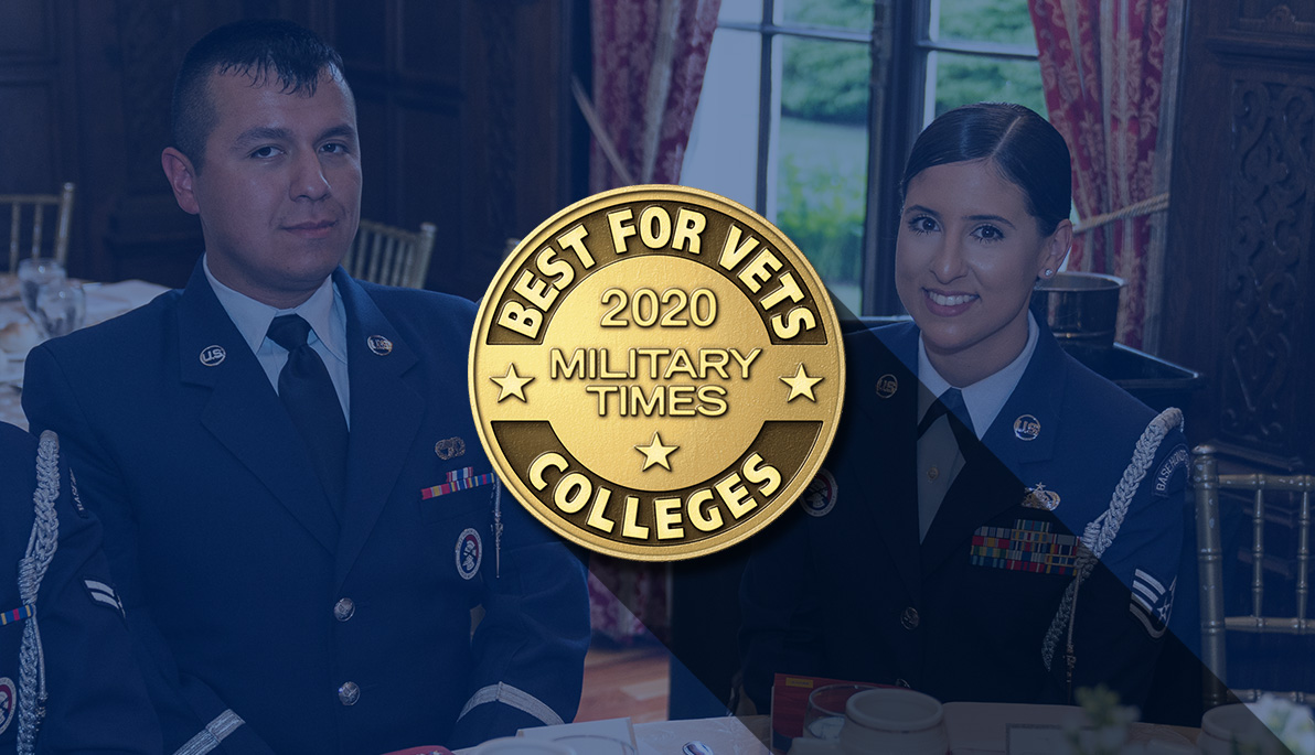 New York Tech veteran students and Military Times Best Military College badge New York Tech veteran students and Military Times Best Military College badge