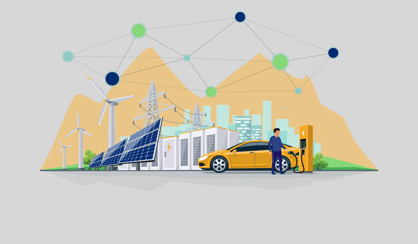 Clipart of a man charging his car in front of solar powered panels