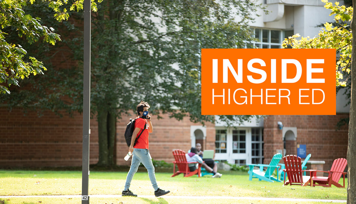 Student wearing mask walking on campus and Inside Higher Ed logo Student wearing mask walking on campus and Inside Higher Ed logo
