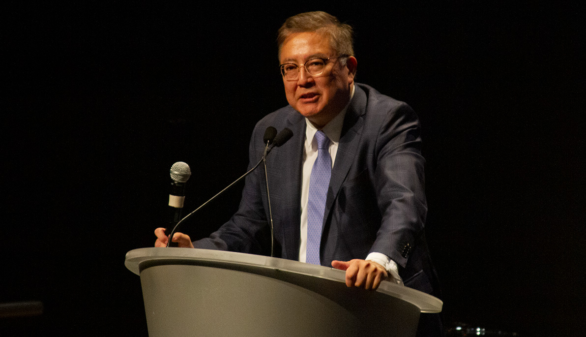 New York Tech Provost and Vice President of Academic Affairs Junius J. Gonzales, M.D., M.B.A. speaking at a podium