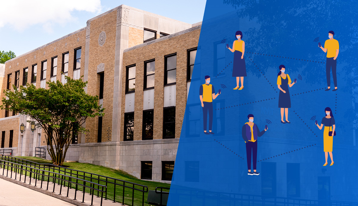 Mashup of picture of Jonesboro campus and illustration of people wearing masks connected by dotted lines. Mashup of picture of Jonesboro campus and illustration of people wearing masks connected by dotted lines.