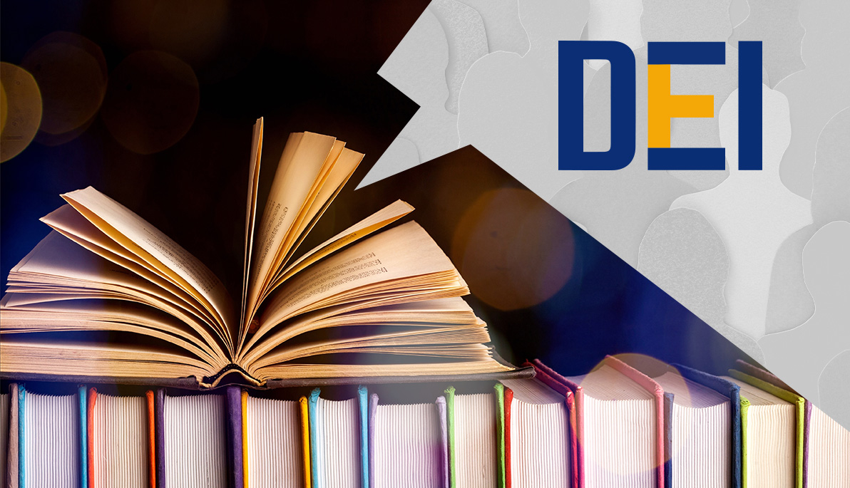 Mashup of books and New York Tech DEI logo