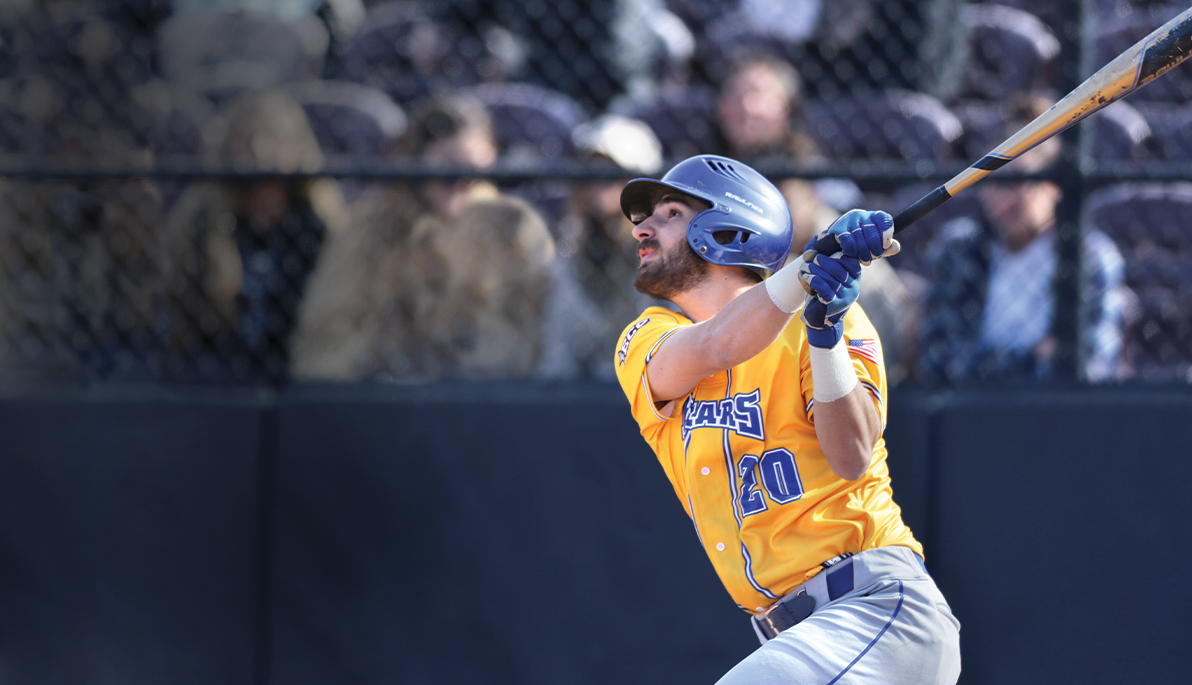 Matt Malone, primary catcher for the Bears, at bat during a game against Adelphi.