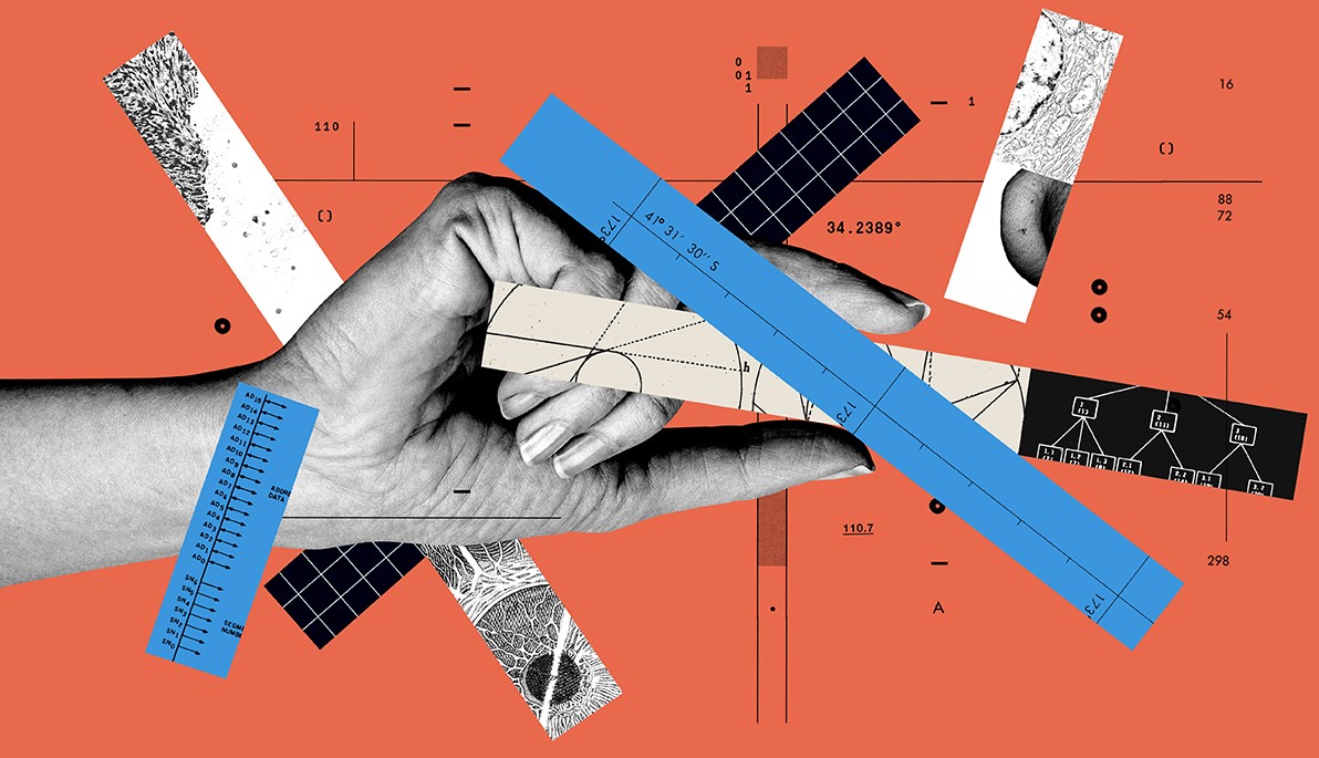 Illustration of hand holding shapes and graphs