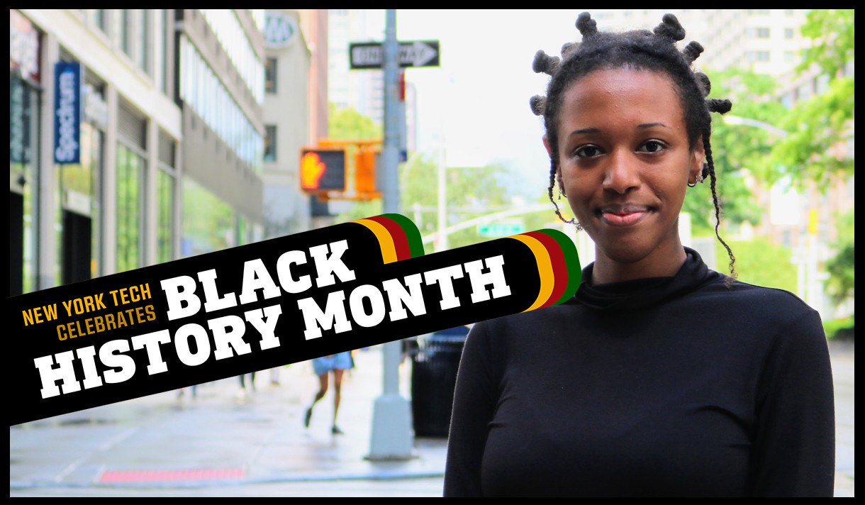 Student in the street near New York Tech with the Black History Month logo