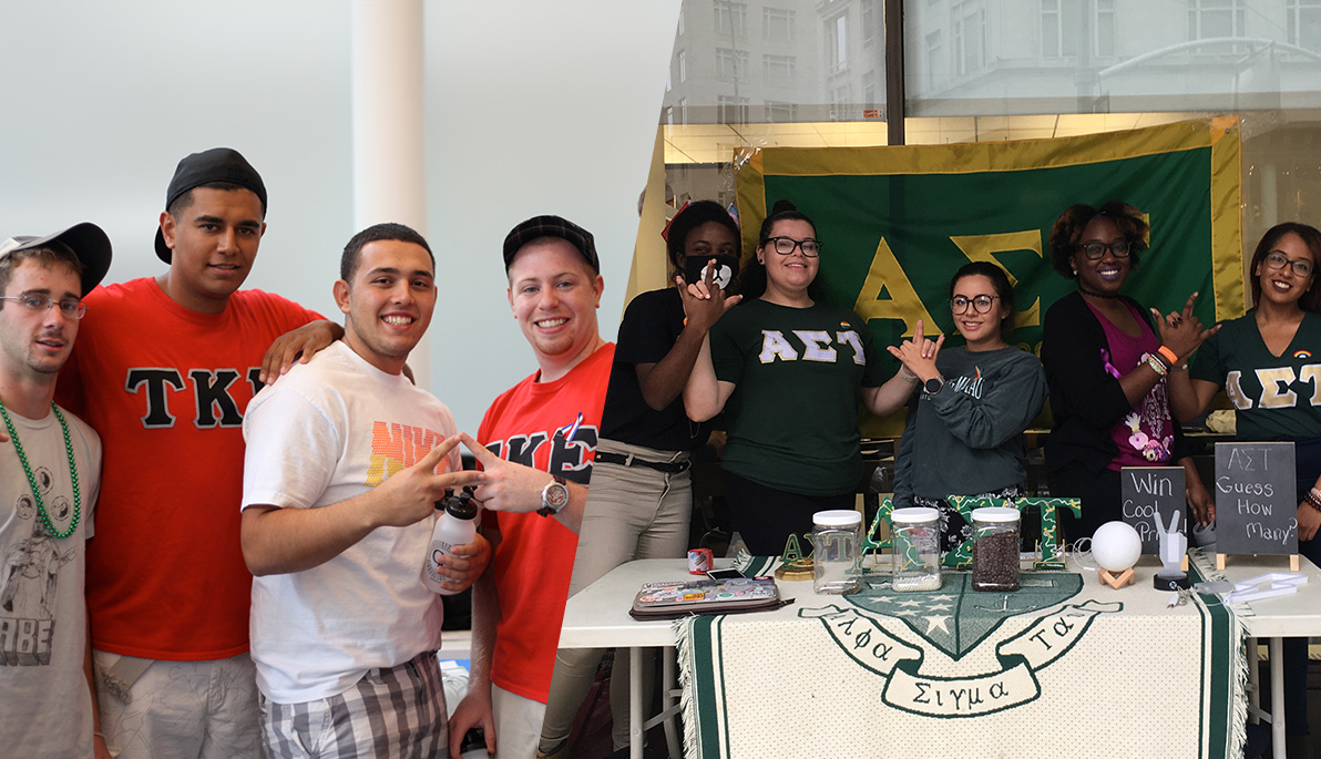 Smiling fraternity and sorority members pose for the camera