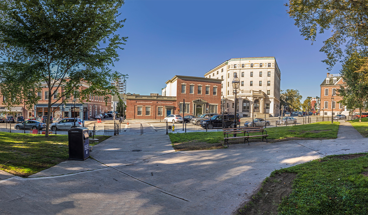 Photo of a small park in a town center