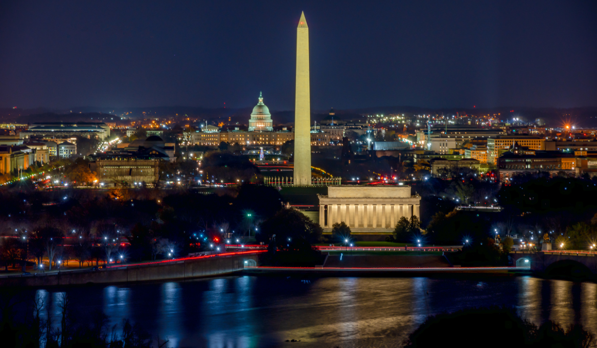 Night aerial view of Washington DC