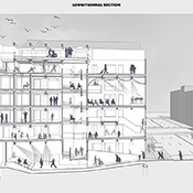  Community centre building in SoHo including a critical care health centre. Jimi Adeseun (student), Associate Professor Farzana Gandhi (faculty); ARCH 402, B.Arch Program, Spring 2019