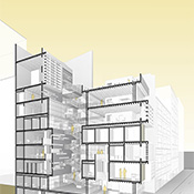  Community centre building in SoHo including a critical care health centre. Paolo Mendoza (student), Associate Professor Farzana Gandhi (faculty); ARCH 402, B.Arch Program, Spring 2019