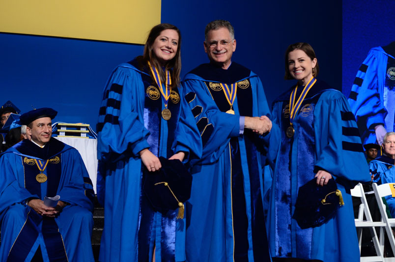 NYIT Presidential Medal for Innovation and Entrepreneurship awardees Emily Nunez-Cavness and Betsy Nunez with President Guiliano