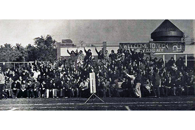 <strong>Throwback Thursday </strong> This #TBT photo recalls NYIT's first homecoming  in 1971. As reported by <em>The Campus Slate</em>, this homecoming was a week to remember. Students are pictured cheering from the first-ever bleachers installed on the Old Westbury campus near the former Dairy Barn (now the Student Activity Center). Festivities spread over the days included a pep rally, parade, and a ceremony to crown the homecoming queen.