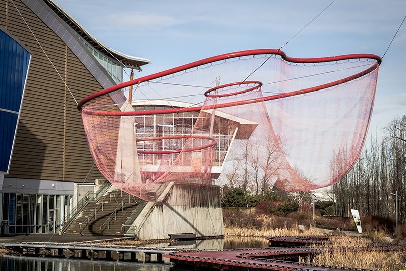 Public artwork by Janet Echelman entitled “Water Sky Garden.”