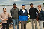 Yash Masane, Adrian Kanjer, Sandeep Krishna Edara, Vishal Rathi, and Patricia Keen, Ph.D., at the bank of the Ucayali River in Pucallpa, Peru. Photo by Patrick Quio Valdivia