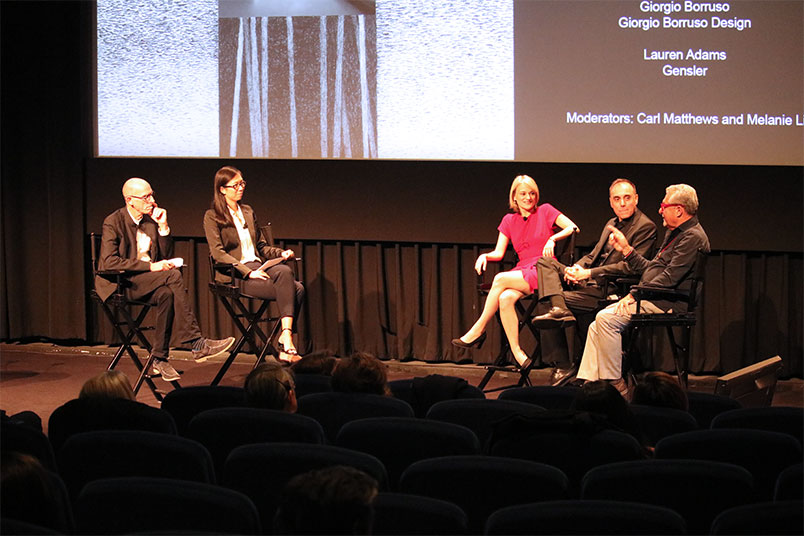 From left: Carl Matthews from the Fay Jones School of Design, alumna Melanie Li from Flag Luxury Group, Lauren Adams from Gensler, and designers Giorgio Borruso and Adam Tihany.