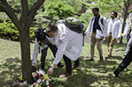 Students place flowers near the base of a newly planted tree dedicated in memory of those who donated their bodies to science.