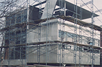 Aluminaire House with scaffolding during the reconstruction phase at NYIT.